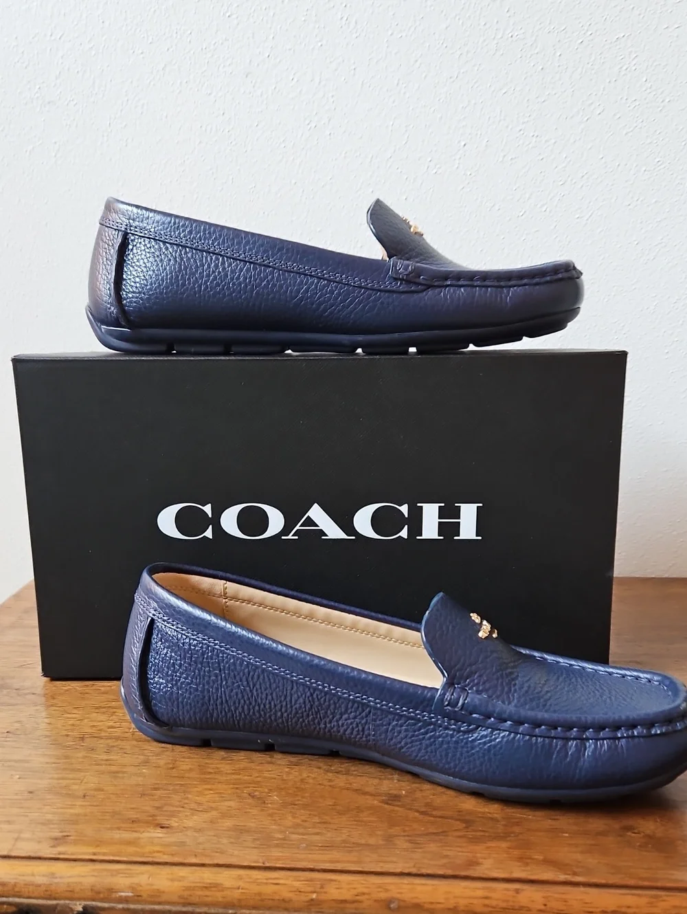 Coach Navy Leather Driving Mocs with Gold Logo